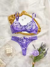 Elegant Embroidery Flower Transparent Thong Set Thin Cup Underwear Bra