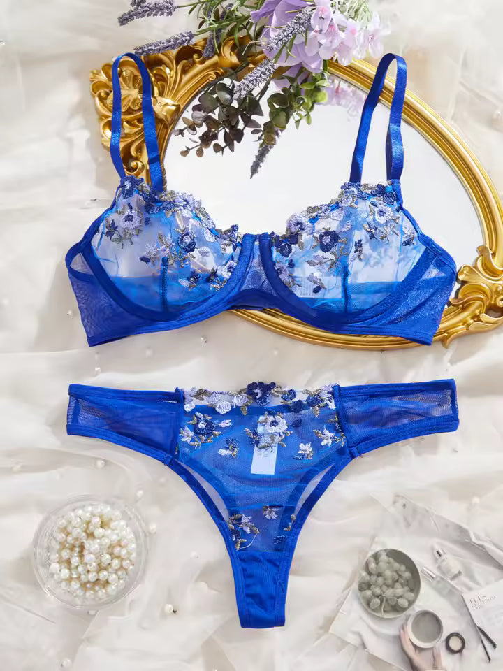 Elegant Embroidery Flower Transparent Thong Set Thin Cup Underwear Bra
