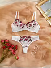Elegant Embroidery Flower Transparent Thong Set Thin Cup Underwear Bra