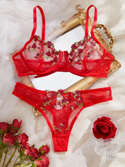 Elegant Embroidery Flower Transparent Thong Set Thin Cup Underwear Bra