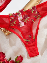 Elegant Embroidery Flower Transparent Thong Set Thin Cup Underwear Bra