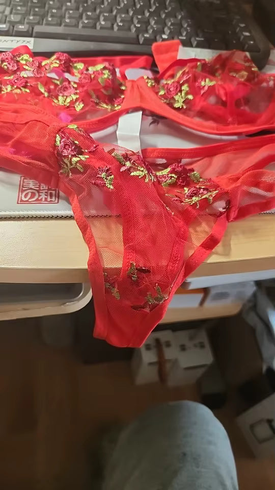 Elegant Embroidery Flower Transparent Thong Set Thin Cup Underwear Bra