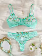 Elegant Embroidery Flower Transparent Thong Set Thin Cup Underwear Bra