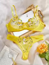 Elegant Embroidery Flower Transparent Thong Set Thin Cup Underwear Bra