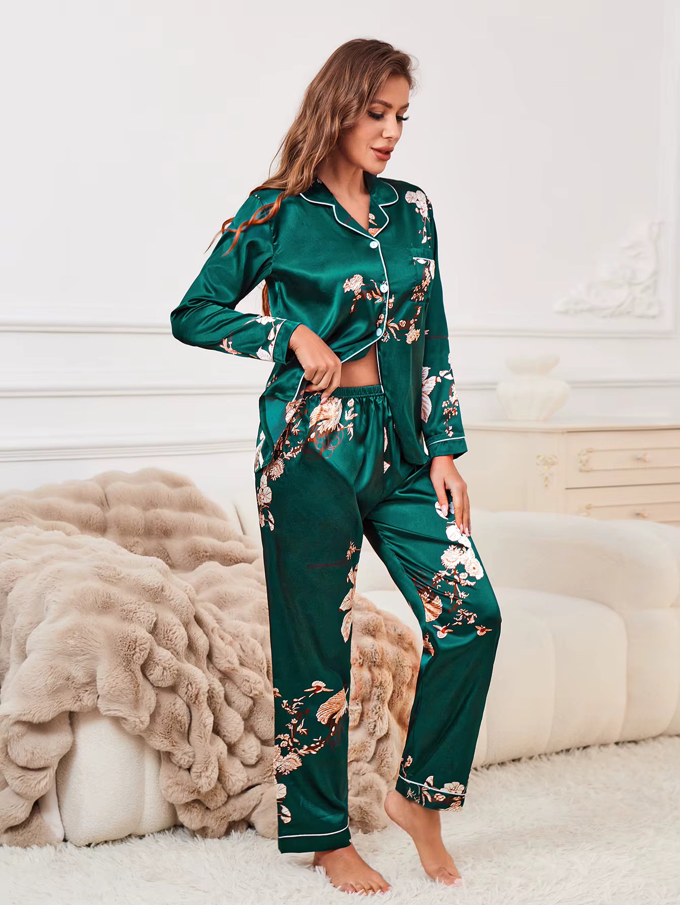 Elegant Floral Print Sleepwear & Loungewear Button Up Lapel Top Satin Pajama Set