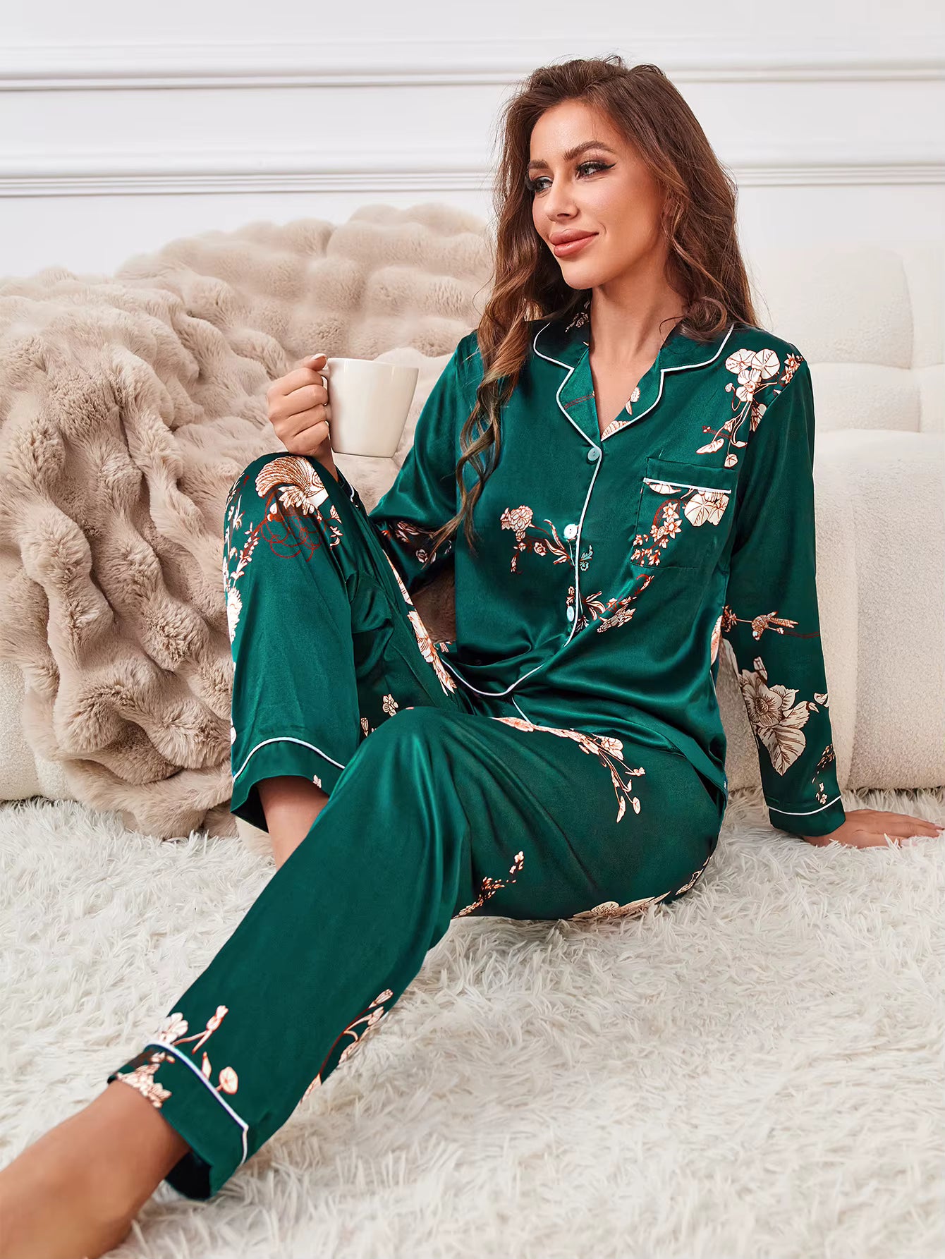 Elegant Floral Print Sleepwear & Loungewear Button Up Lapel Top Satin Pajama Set
