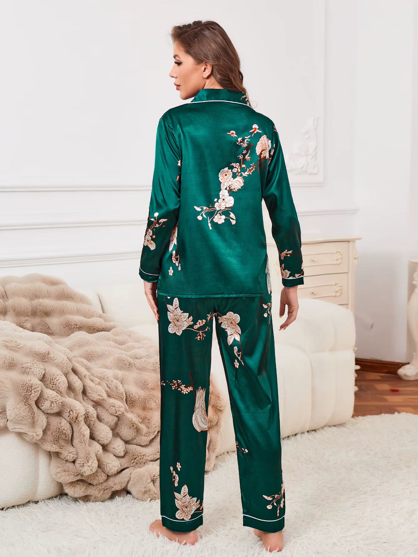 Elegant Floral Print Sleepwear & Loungewear Button Up Lapel Top Satin Pajama Set