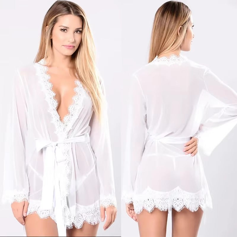 Elegant Full Sleeve Transparent Lace Nightgowns Sleepwear