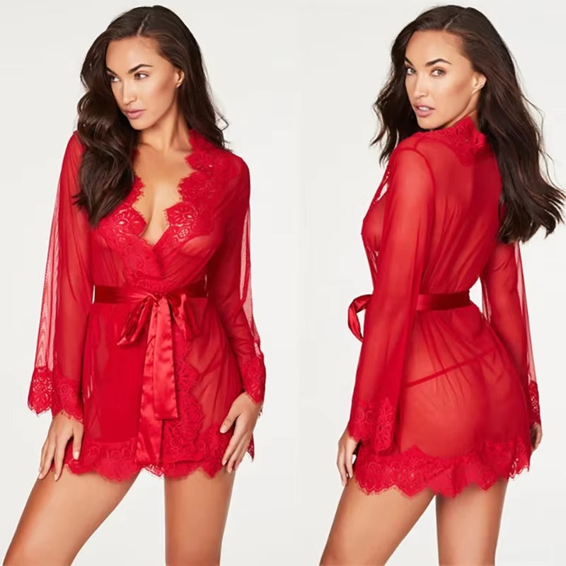 Elegant Full Sleeve Transparent Lace Nightgowns Sleepwear