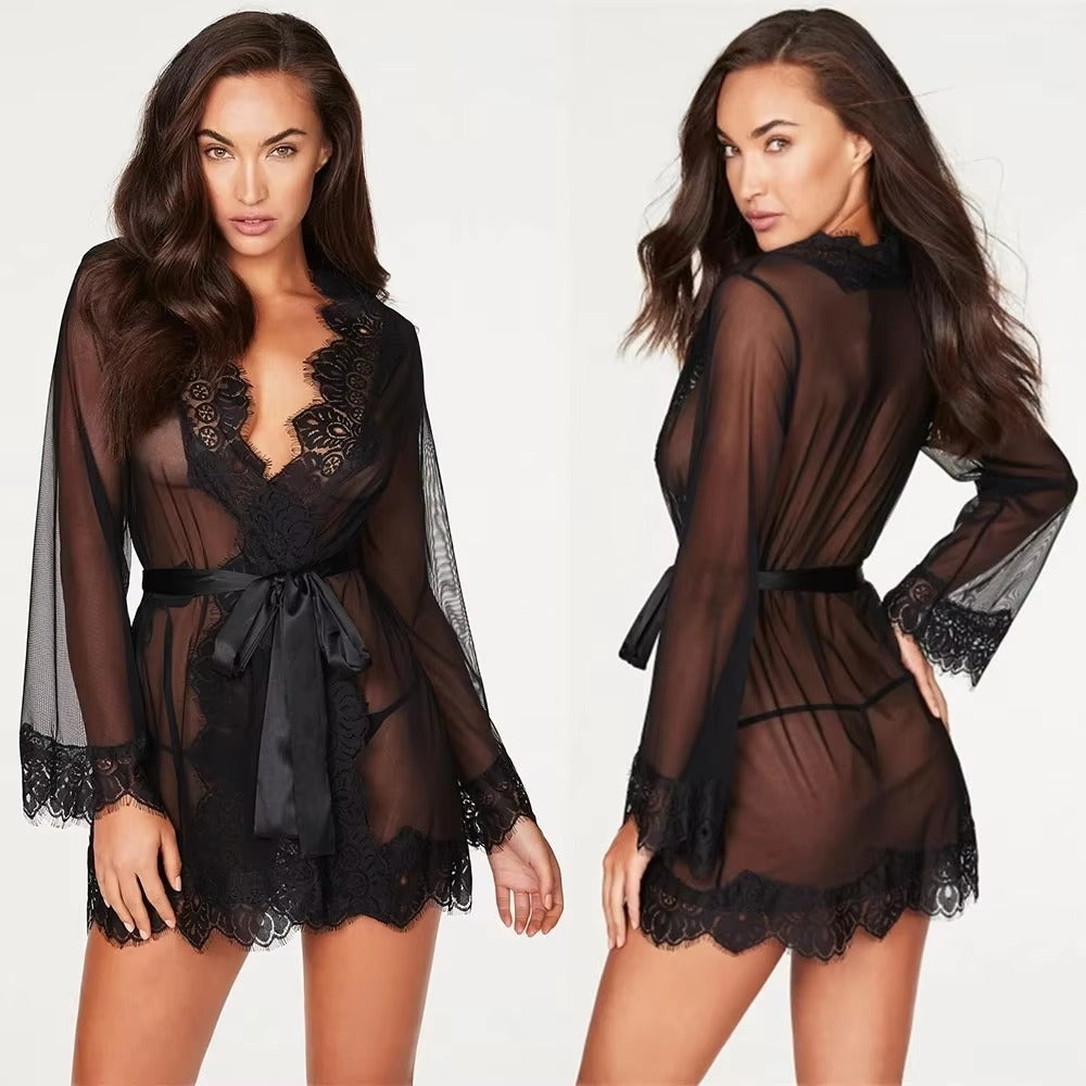 Elegant Full Sleeve Transparent Lace Nightgowns Sleepwear