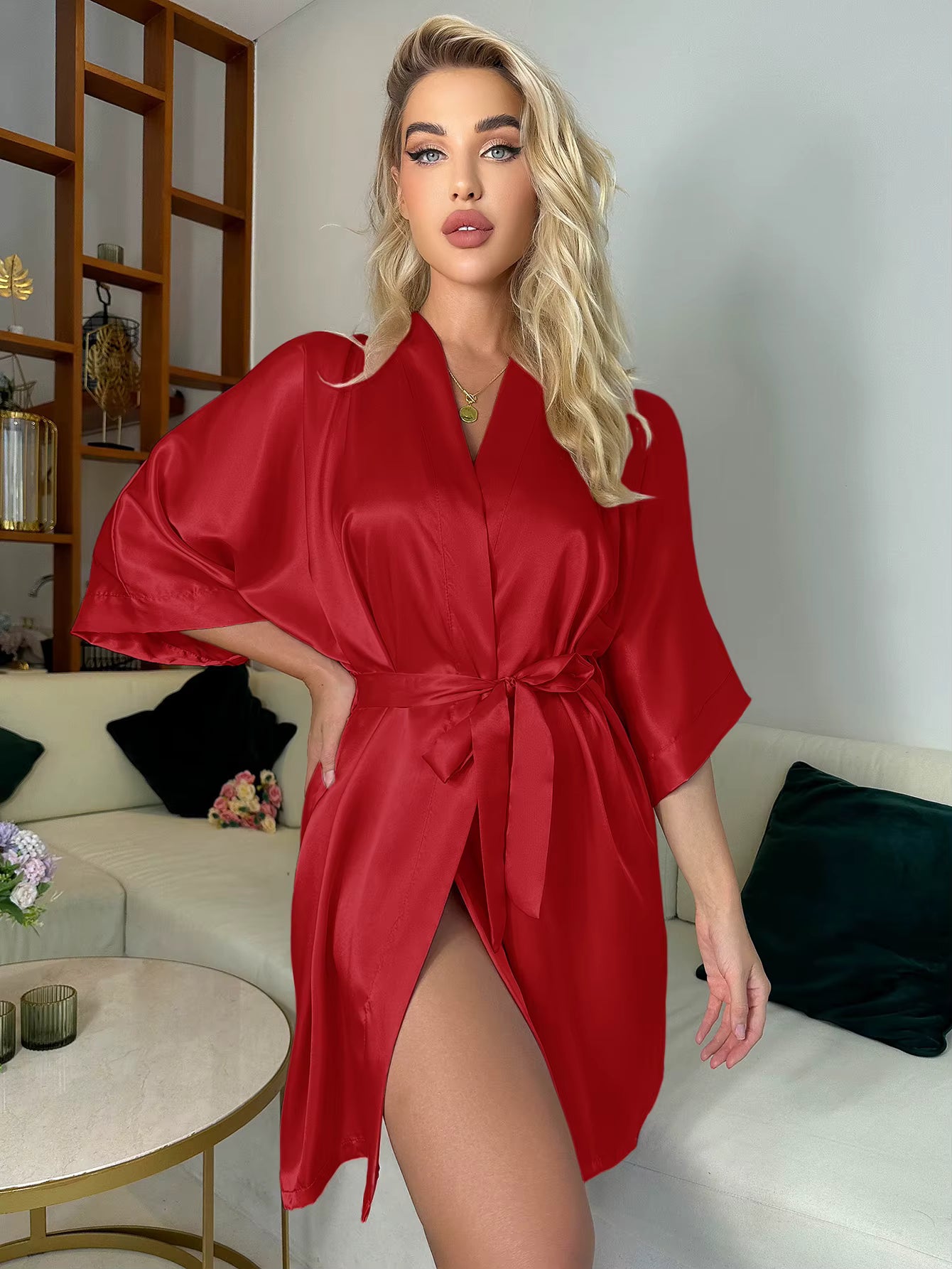 Elegant Half Sleeve V Neck House Solid Satin Night Robe With Belt Sleepwear