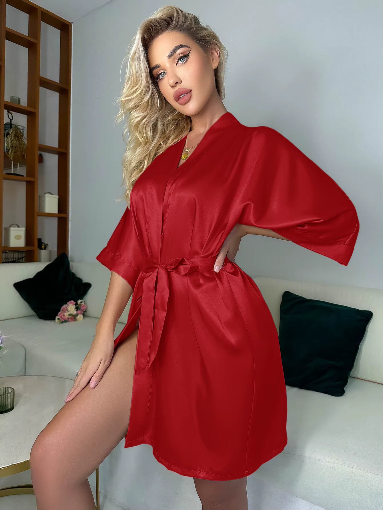 Elegant Half Sleeve V Neck House Solid Satin Night Robe With Belt Sleepwear
