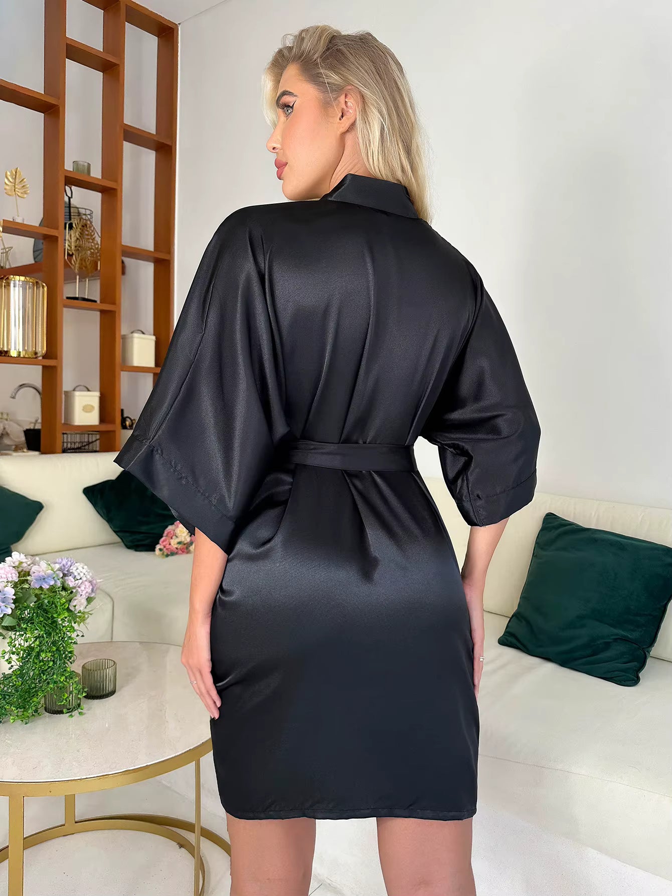 Elegant Half Sleeve V Neck House Solid Satin Night Robe With Belt Sleepwear