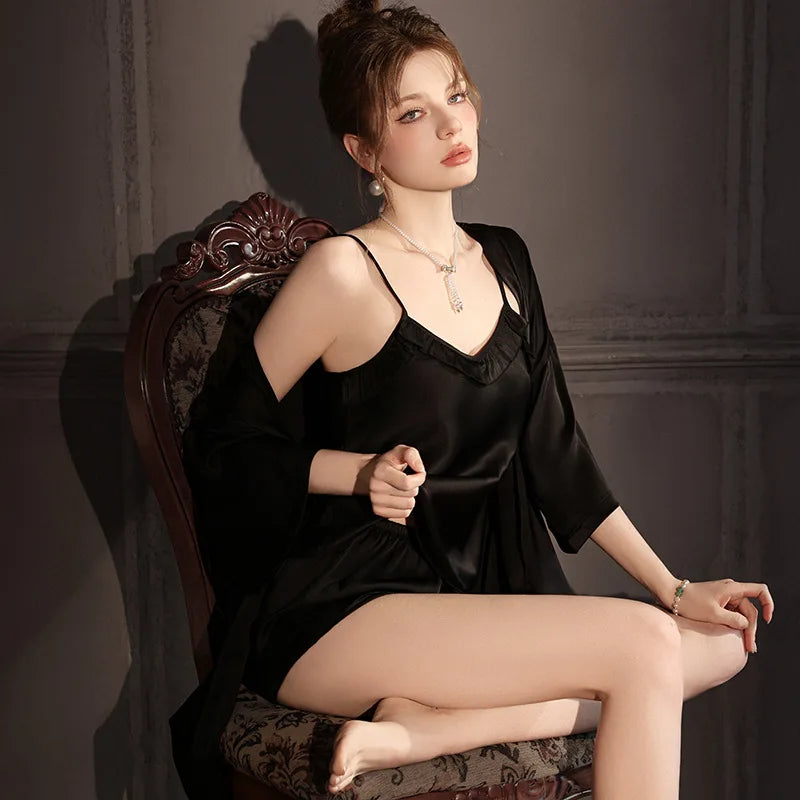 Elegant High Quality Satin Suspenders Shorts Robe Thin Nightgowns