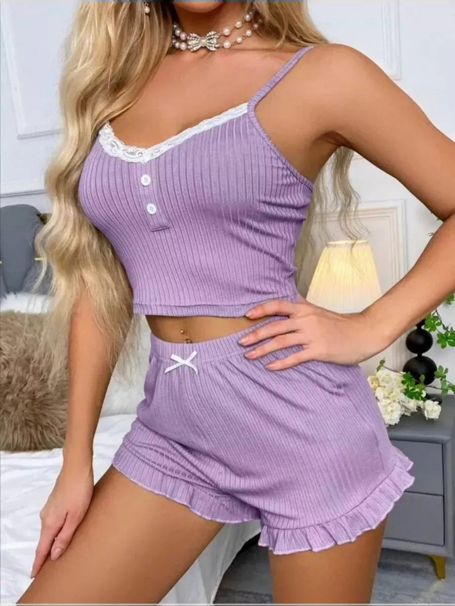 Elegant Lace Button Patchwork Top Ruffles Shorts Sleepwear 2 Piece Set
