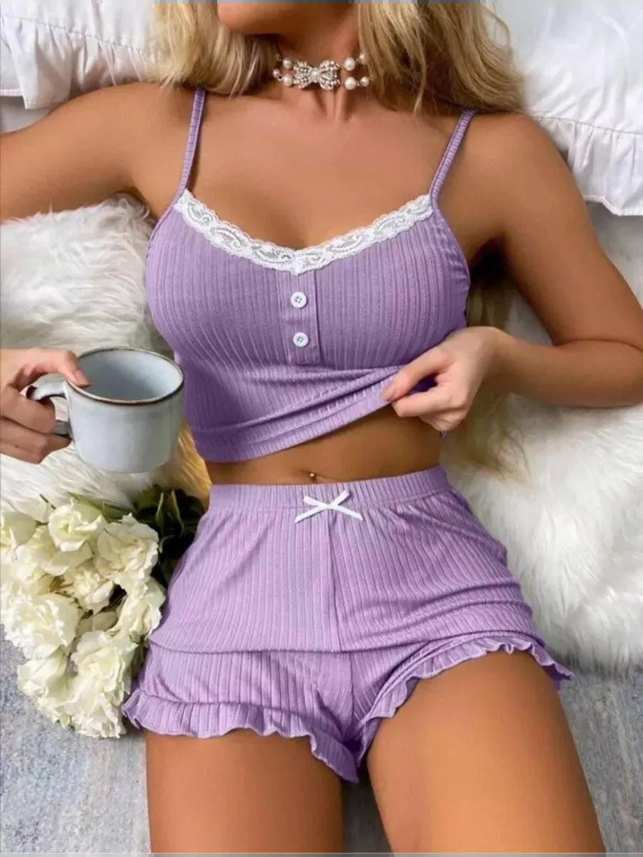 Elegant Lace Button Patchwork Top Ruffles Shorts Sleepwear 2 Piece Set