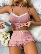 Elegant Lace Button Patchwork Top Ruffles Shorts Sleepwear 2 Piece Set