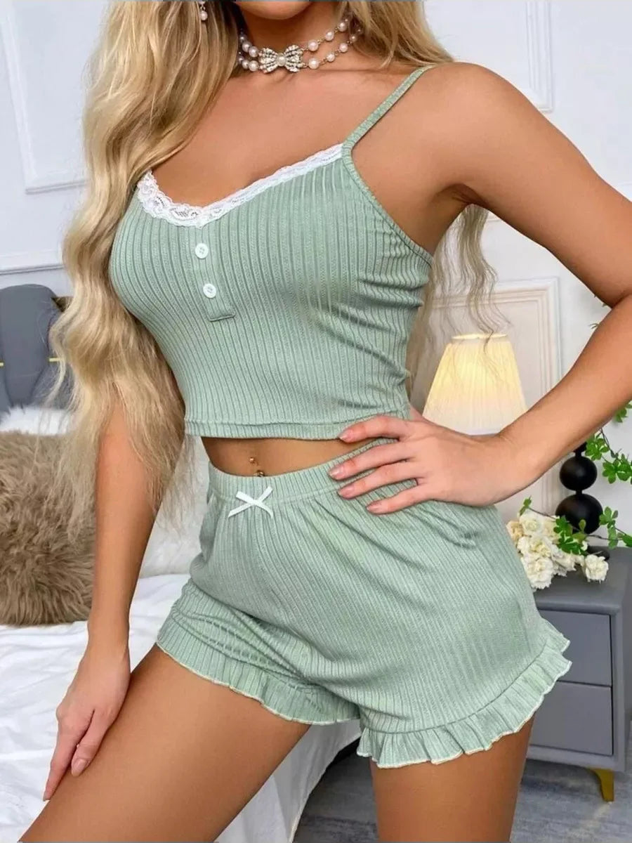 Elegant Lace Button Patchwork Top Ruffles Shorts Sleepwear 2 Piece Set