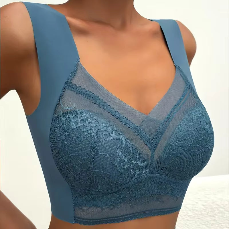 Elegant Lace Perspective Bralette Push Up Ice Silk Deep V Tops Bra