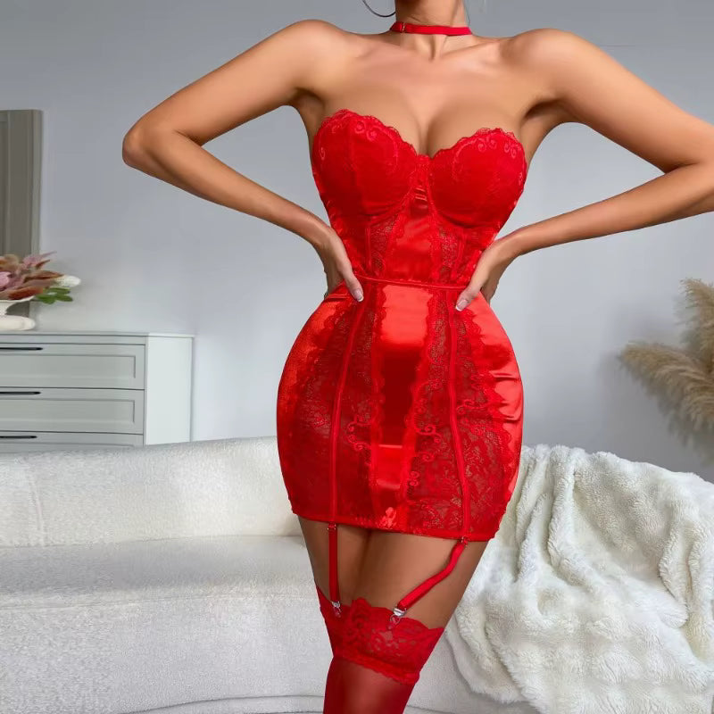 Elegant Lace Strapless Mesh Underwear Stocking Garters Nightgown Underwear Jumpsuit Set