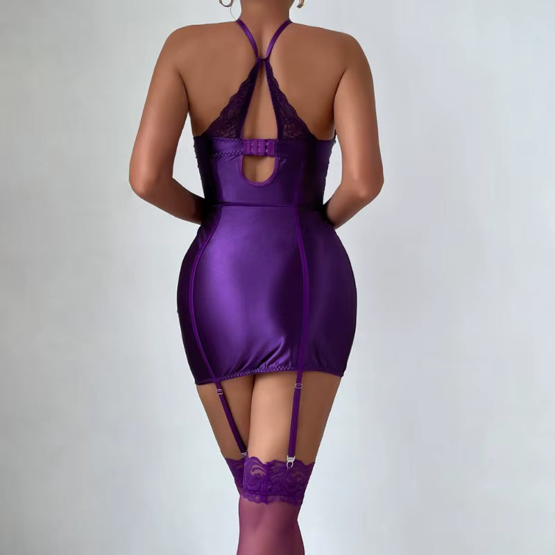Elegant Lace Strapless Mesh Underwear Stocking Garters Nightgown Underwear Jumpsuit Set