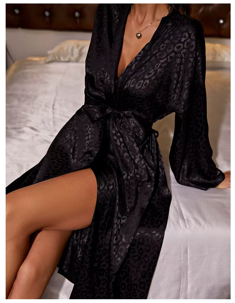 Elegant Leopard Print Night Robe Long Sleeve V Neck Robe With Belt Sleepwear