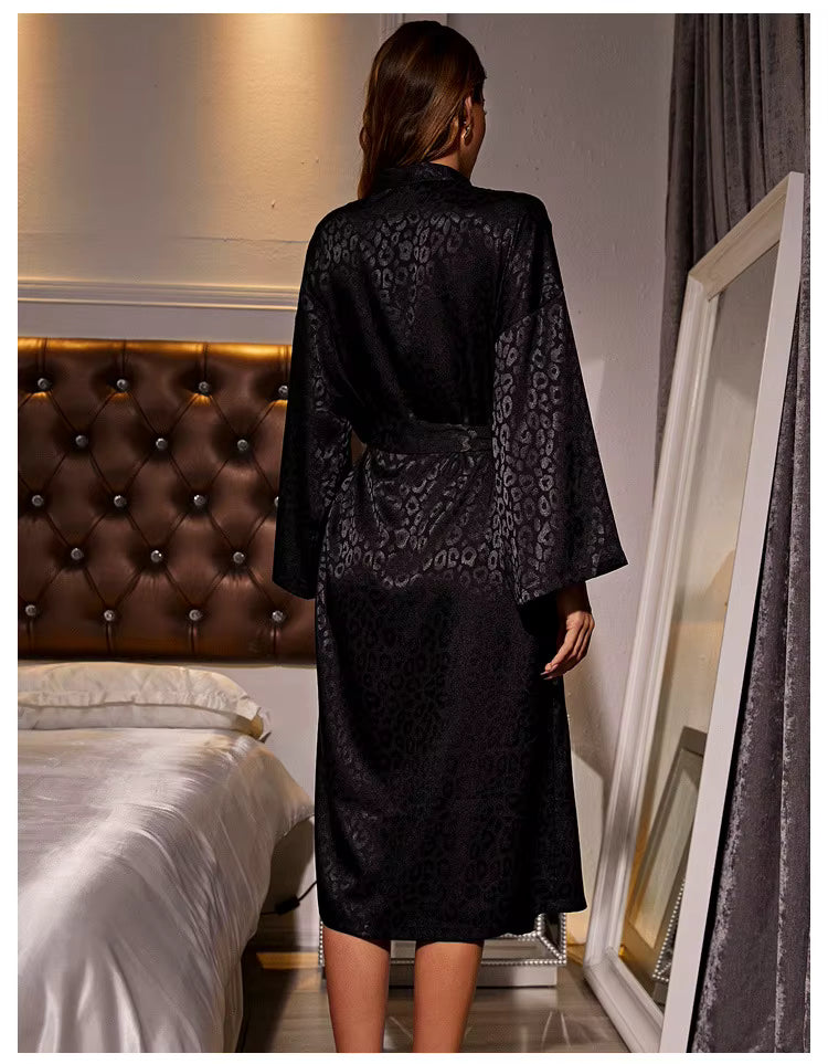 Elegant Leopard Print Night Robe Long Sleeve V Neck Robe With Belt Sleepwear