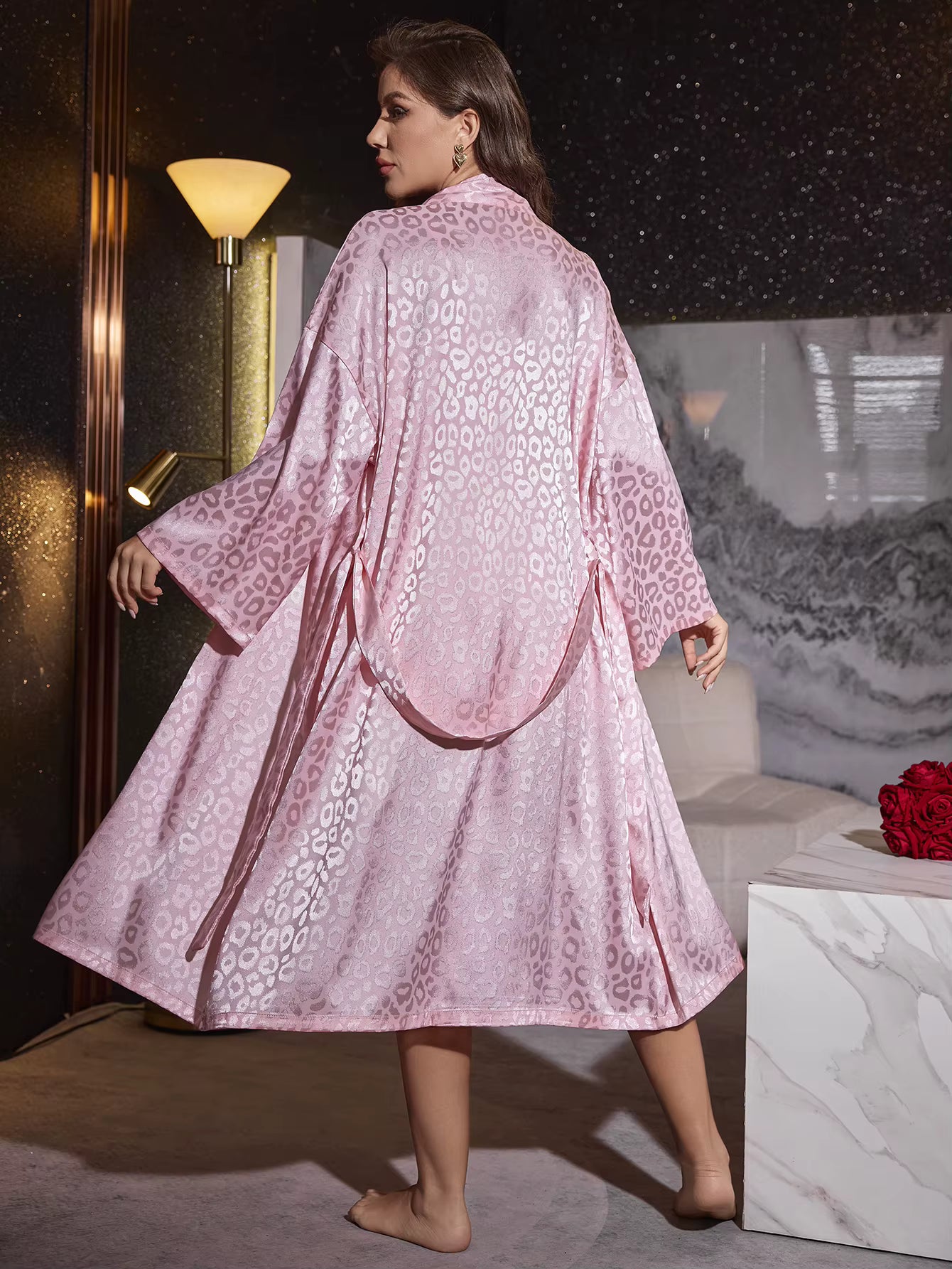 Elegant Leopard Print Night Robe Long Sleeve V Neck Robe With Belt Sleepwear