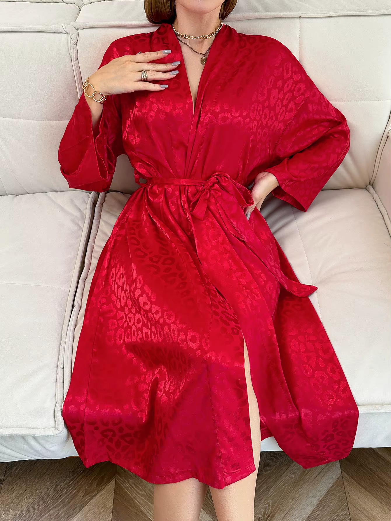 Elegant Leopard Print Night Robe Long Sleeve V Neck Robe With Belt Sleepwear