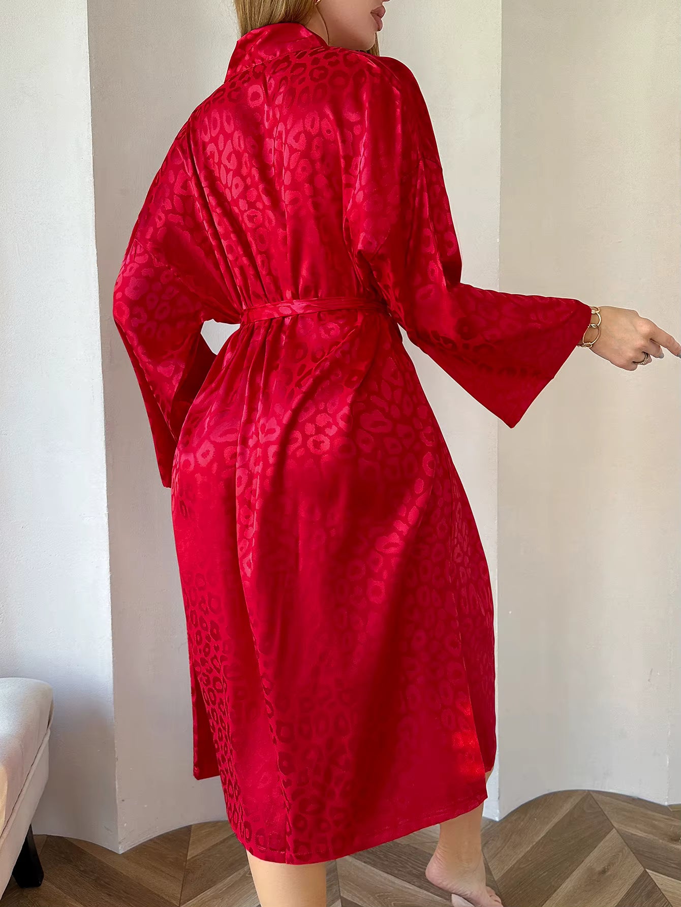 Elegant Leopard Print Night Robe Long Sleeve V Neck Robe With Belt Sleepwear