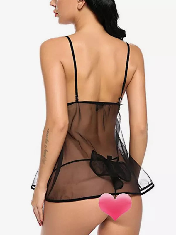 Elegant Pleated Sheer Chiffon Babydolls 2-Piece Lingerie