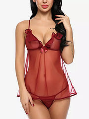 Elegant Pleated Sheer Chiffon Babydolls 2-Piece Lingerie