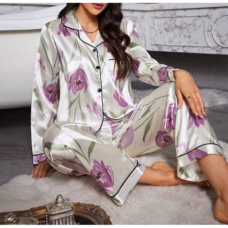 Elegant Printed Long Sleeved Top Elastic Waist Long Sleepwear Two Piece Set
