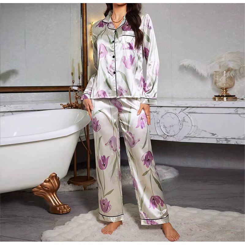 Elegant Printed Long Sleeved Top Elastic Waist Long Sleepwear Two Piece Set