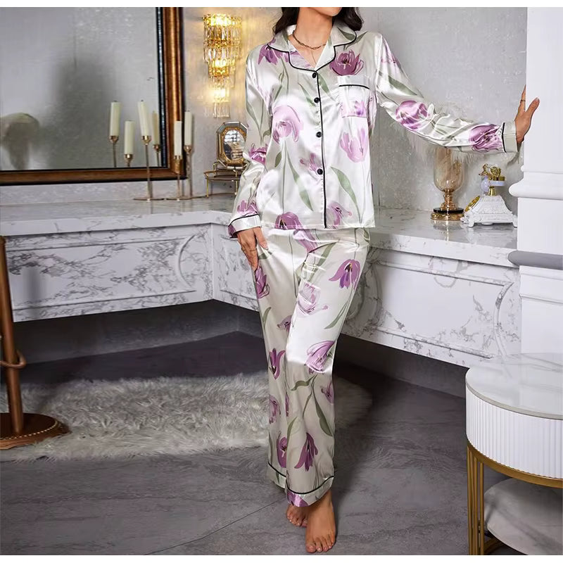 Elegant Printed Long Sleeved Top Elastic Waist Long Sleepwear Two Piece Set