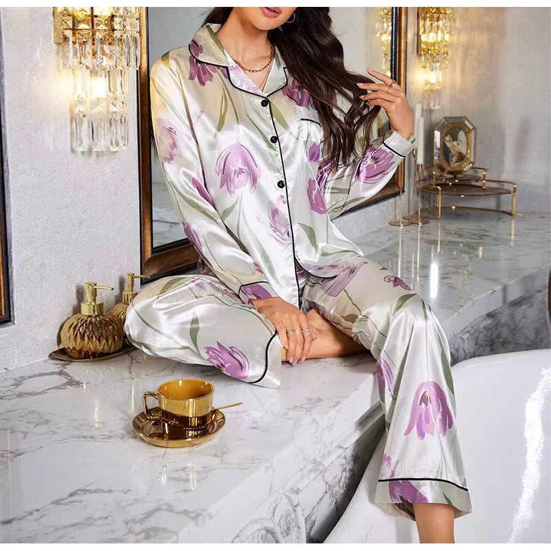 Elegant Printed Long Sleeved Top Elastic Waist Long Sleepwear Two Piece Set