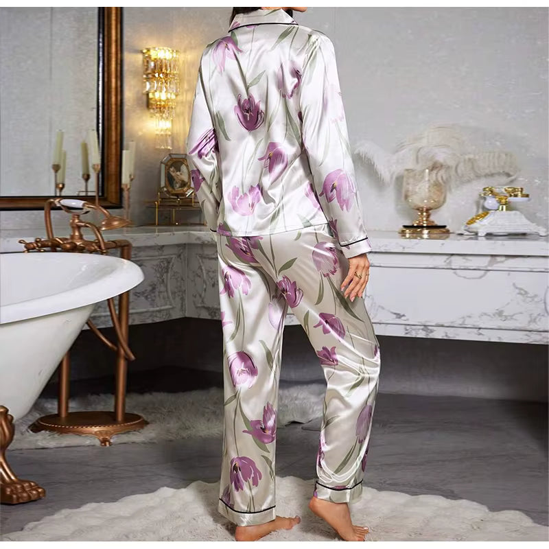 Elegant Printed Long Sleeved Top Elastic Waist Long Sleepwear Two Piece Set
