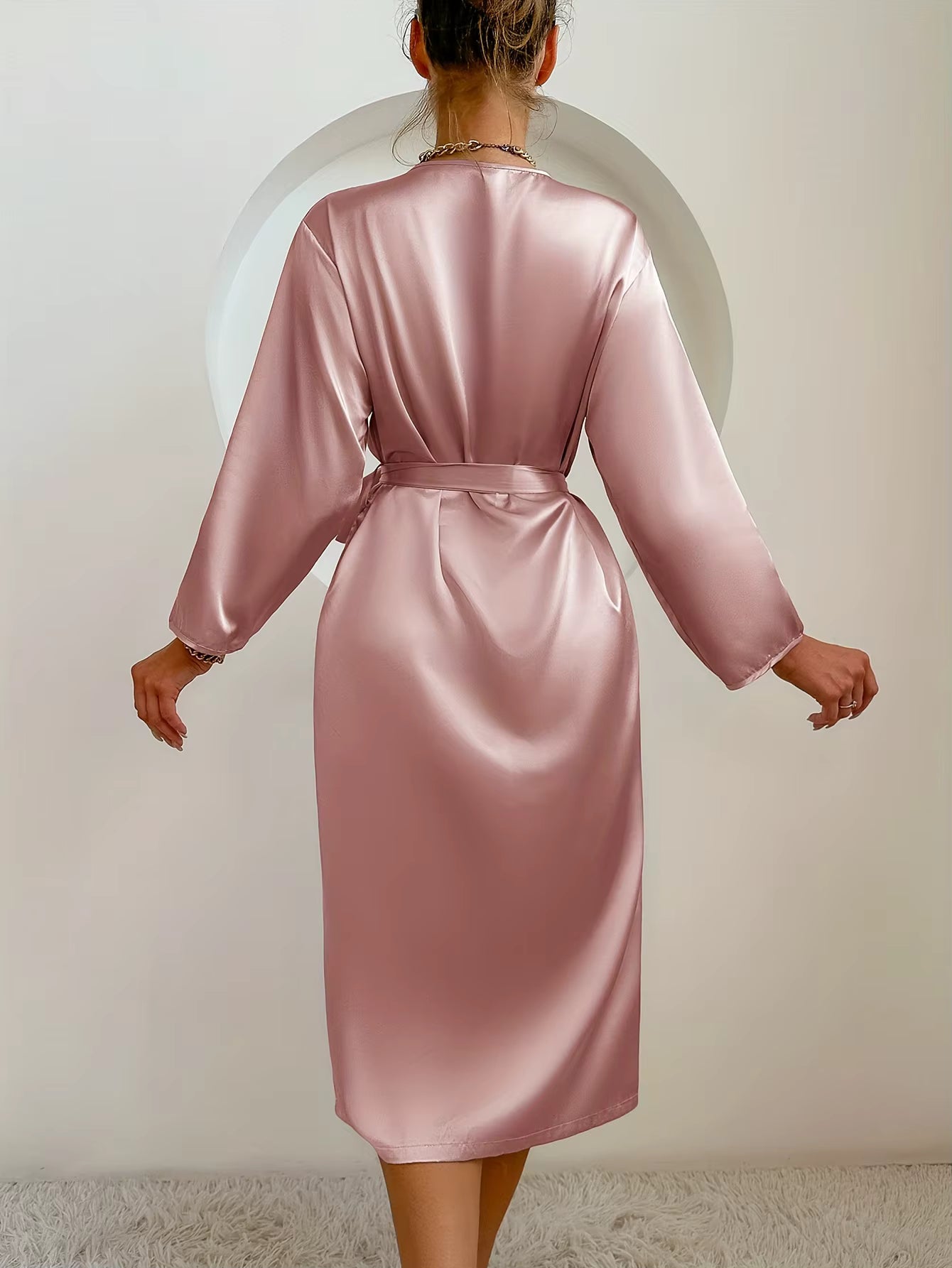 Elegant Satin Robe Belted Solid Color Silky Comfort Bathrobe Loungewear