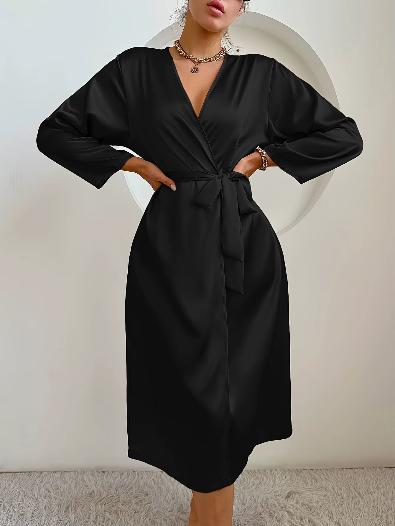 Elegant Satin Robe Belted Solid Color Silky Comfort Bathrobe Loungewear