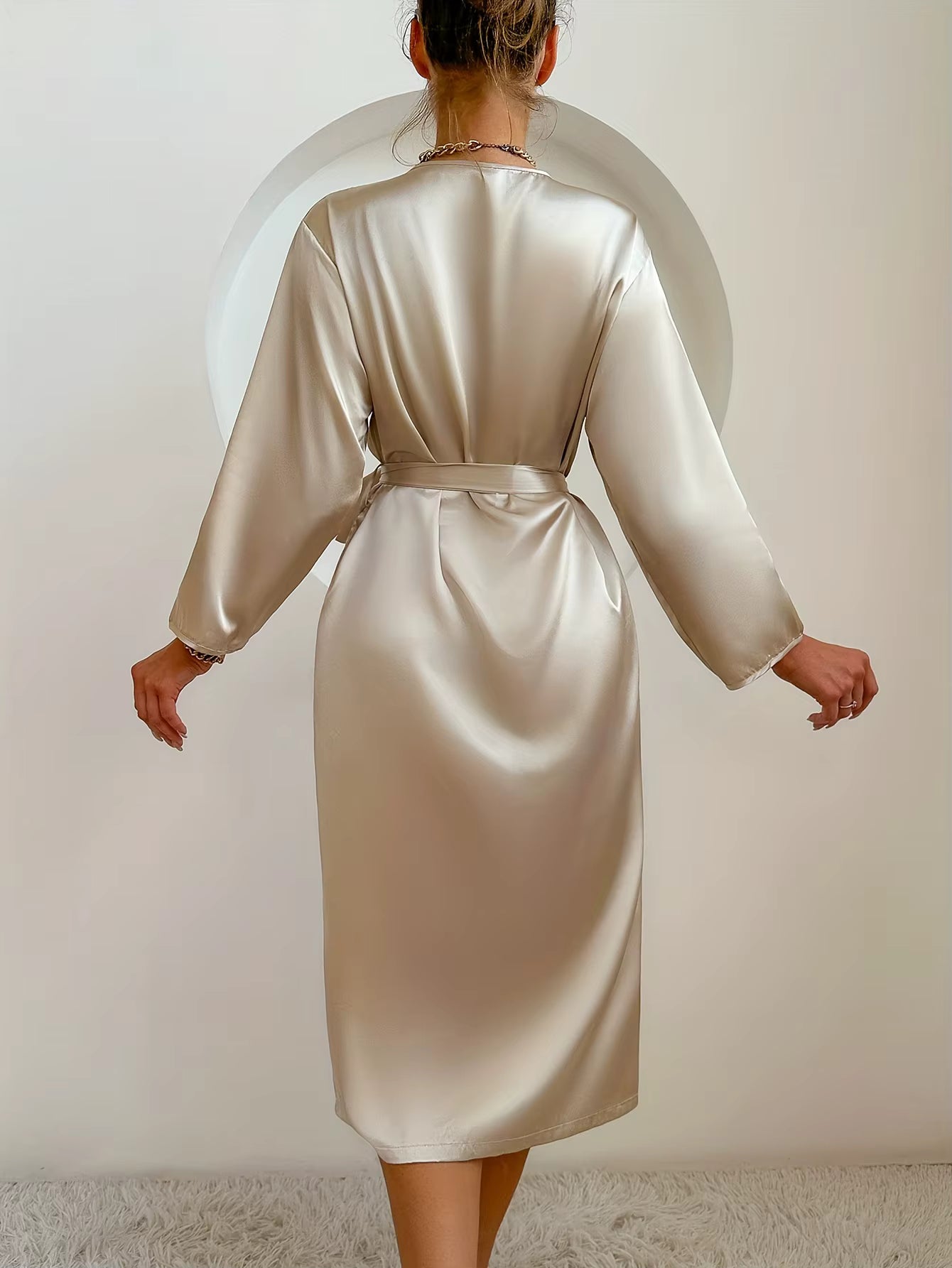 Elegant Satin Robe Belted Solid Color Silky Comfort Bathrobe Loungewear