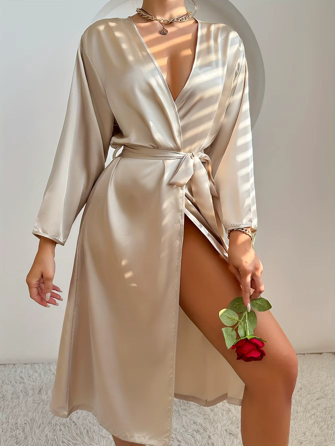 Elegant Satin Robe Belted Solid Color Silky Comfort Bathrobe Loungewear