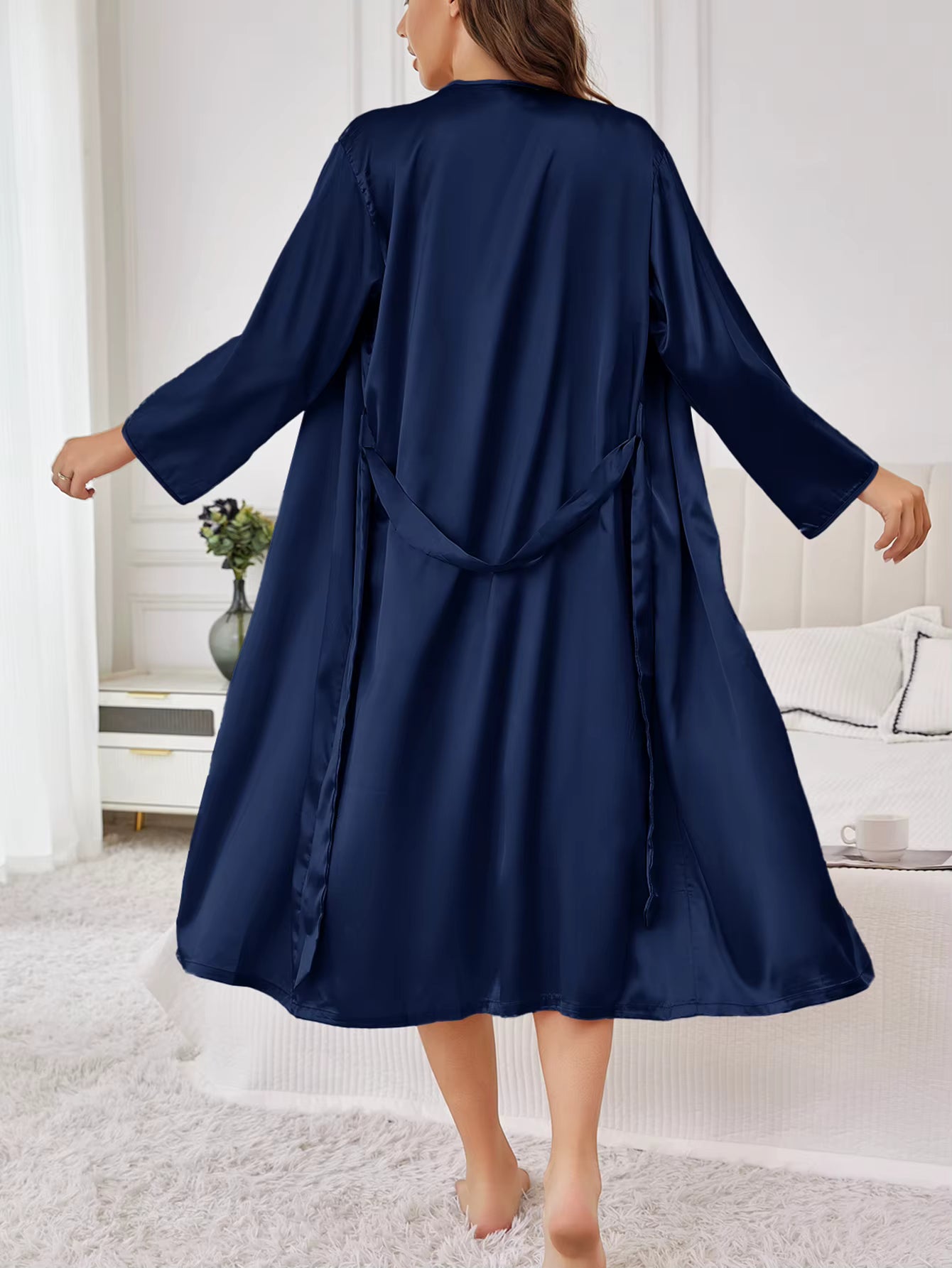 Elegant Satin Robe Belted Solid Color Silky Comfort Bathrobe Loungewear