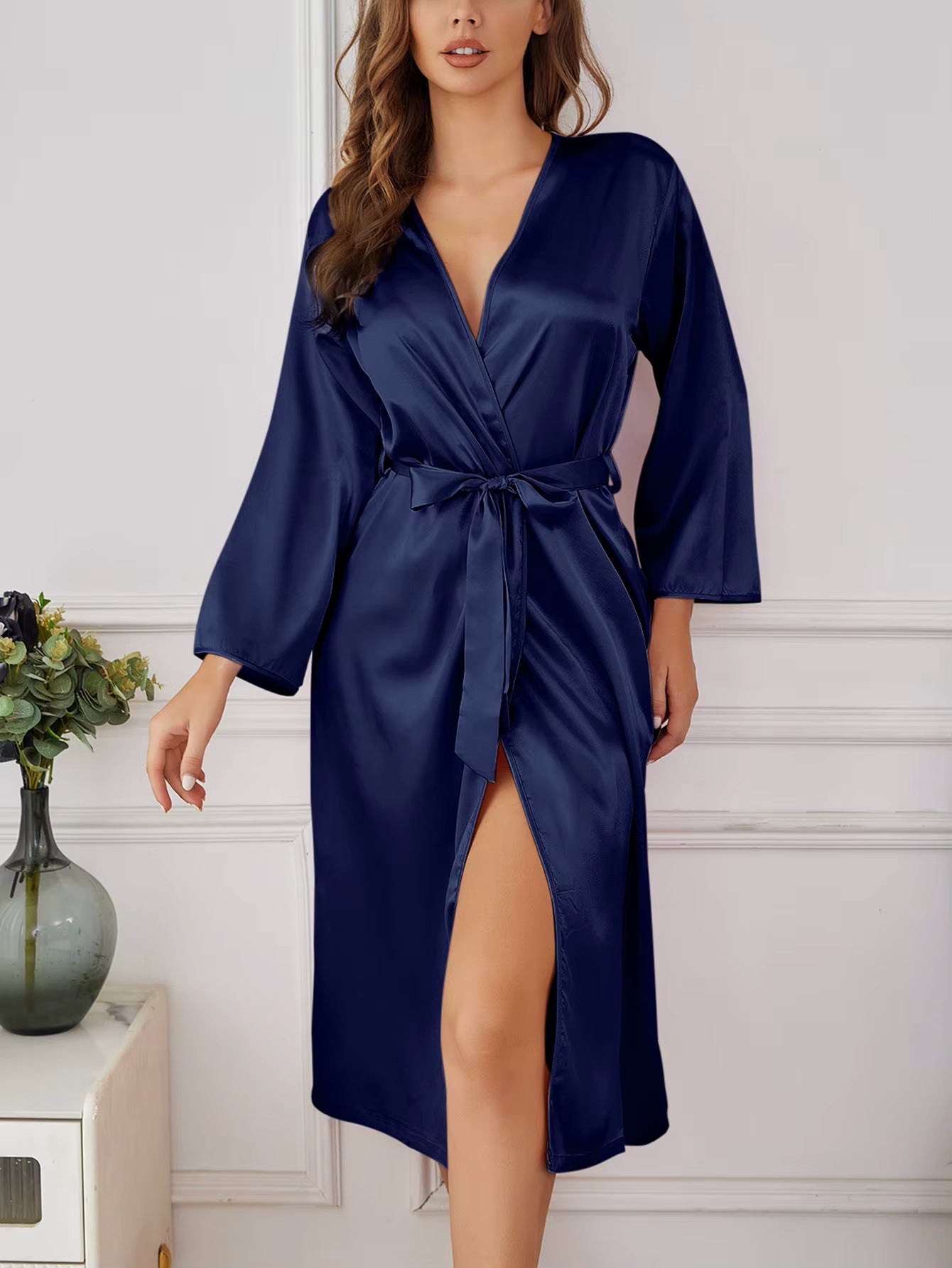 Elegant Satin Robe Belted Solid Color Silky Comfort Bathrobe Loungewear