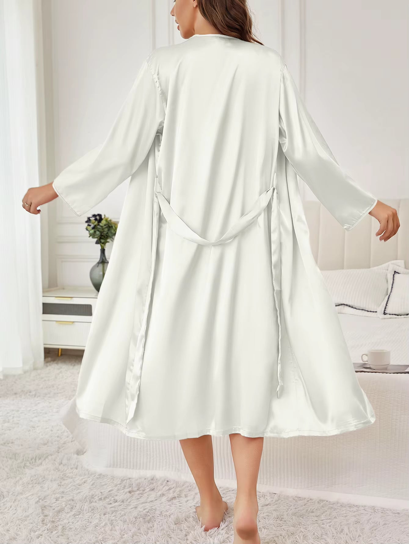 Elegant Satin Robe Belted Solid Color Silky Comfort Bathrobe Loungewear