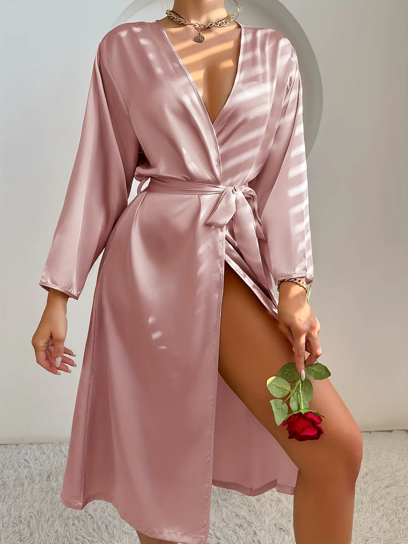 Elegant Satin Robe Belted Solid Color Silky Comfort Bathrobe Loungewear
