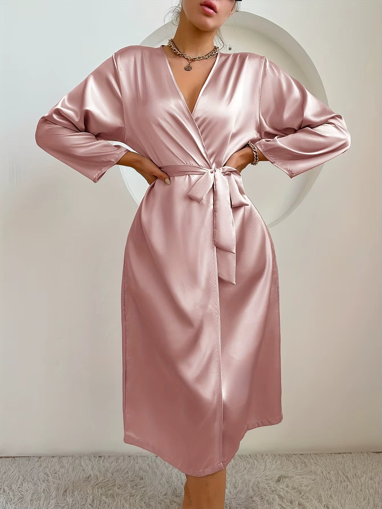 Elegant Satin Robe Belted Solid Color Silky Comfort Bathrobe Loungewear