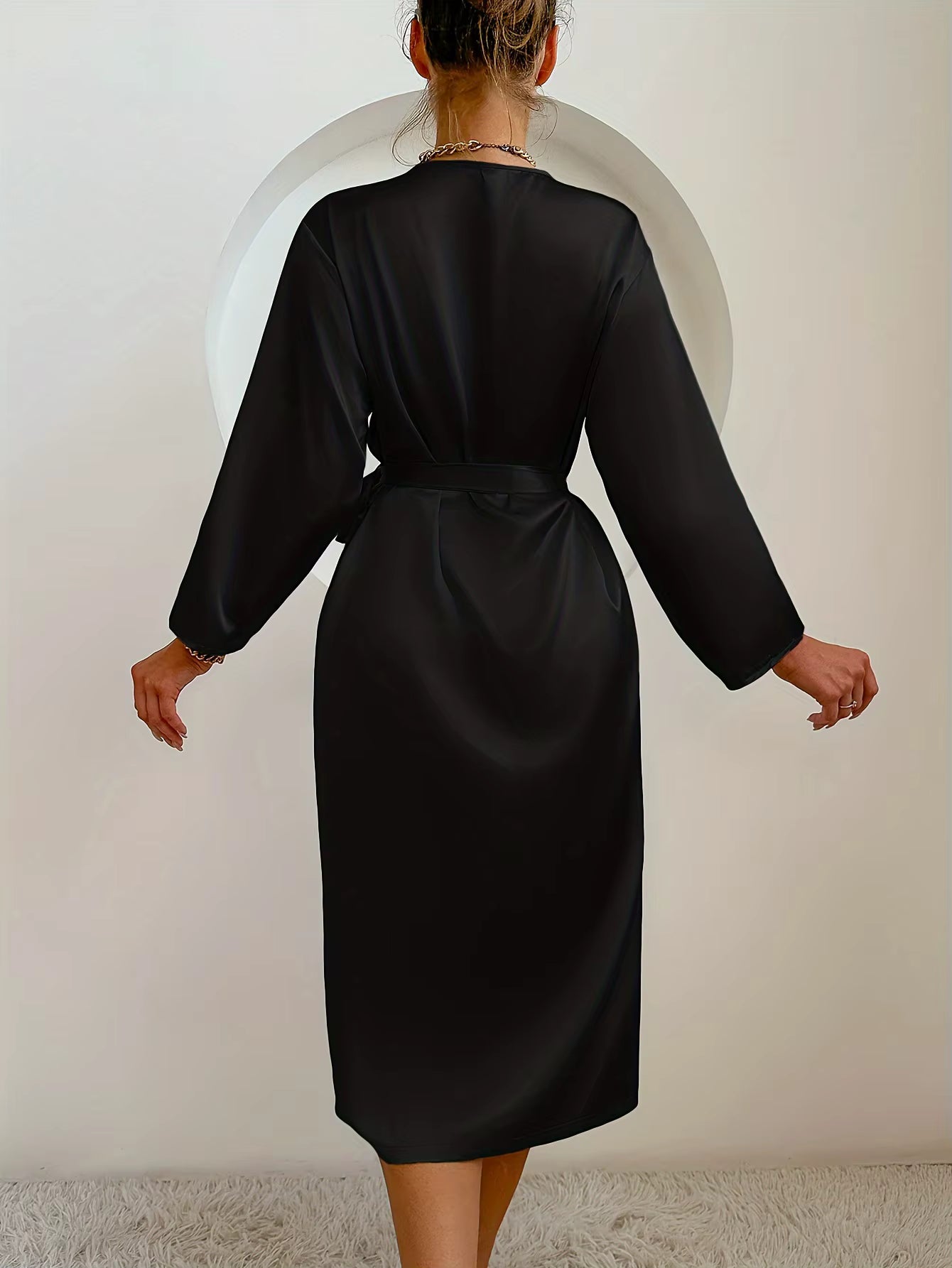 Elegant Satin Robe Belted Solid Color Silky Comfort Bathrobe Loungewear