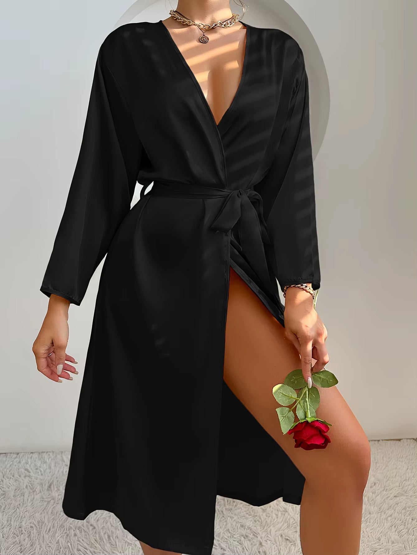 Elegant Satin Robe Belted Solid Color Silky Comfort Bathrobe Loungewear