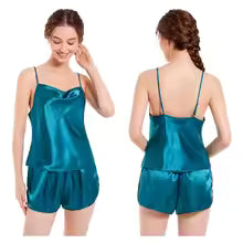 Elegant Satin Sleepwear Lingerie 2 Piece Pajamas Set