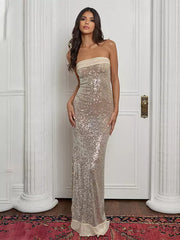 Elegant Sequin Strapless Solid Color Back Slit Long Maxi Dress